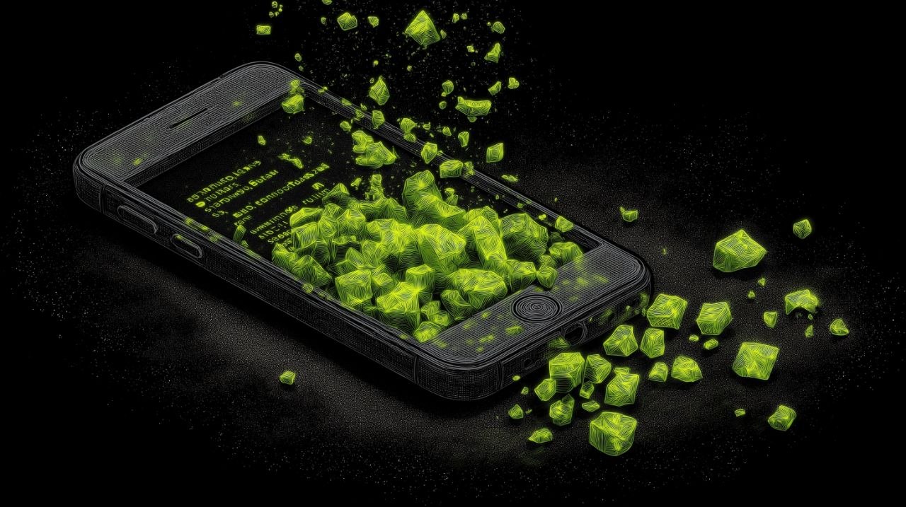 An isometric editorial illustration of a smartphone with its screen cracked open, internal configuration files spilling out as glowing acid-lime green code fragments against a matte black background, rendered in charcoal stipple.