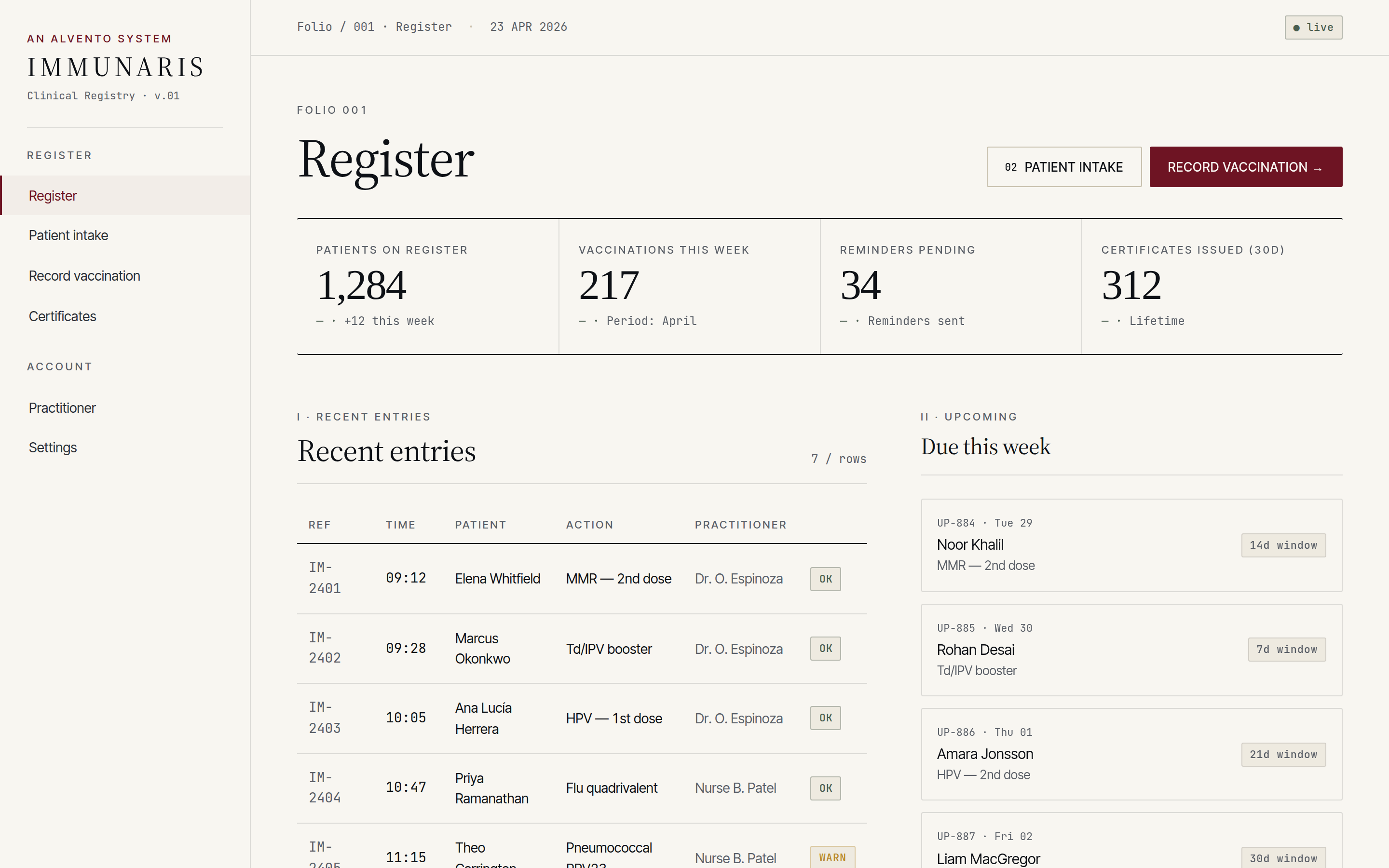 Immunaris patient register, folio 001