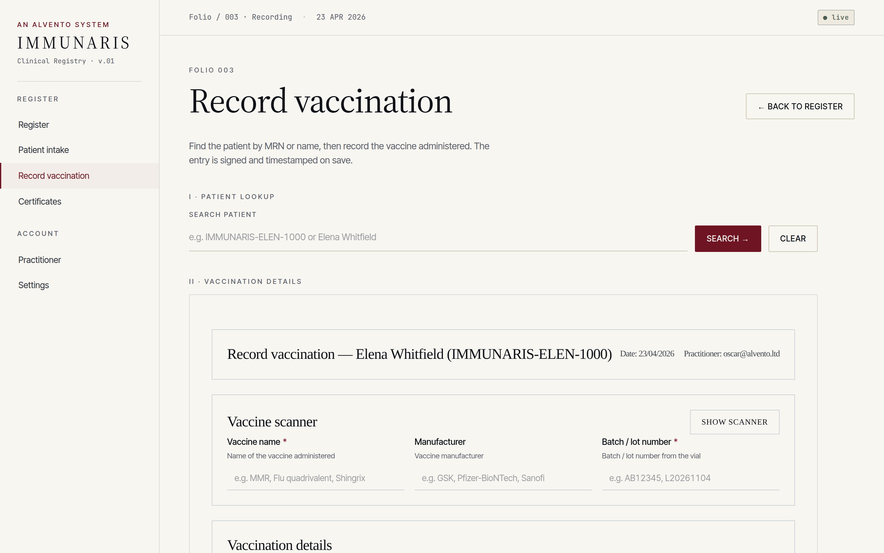 Immunaris vaccination recording screen, folio 003