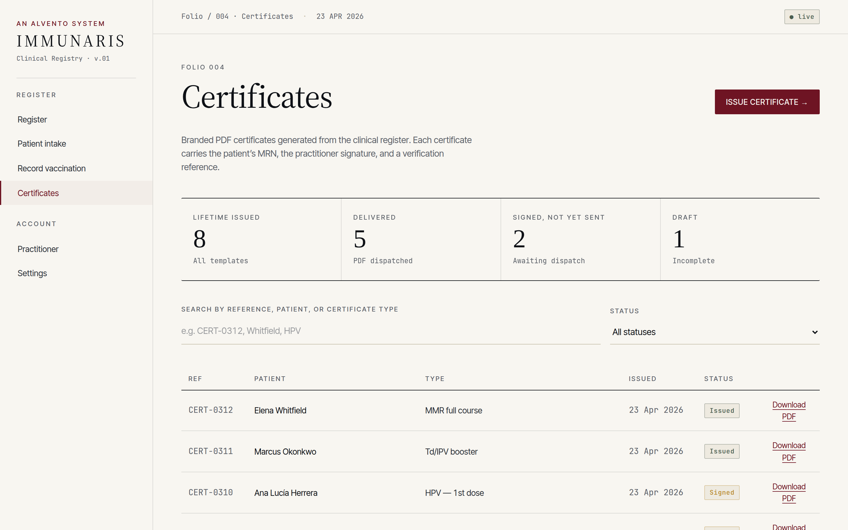 Immunaris certificate view, folio 004