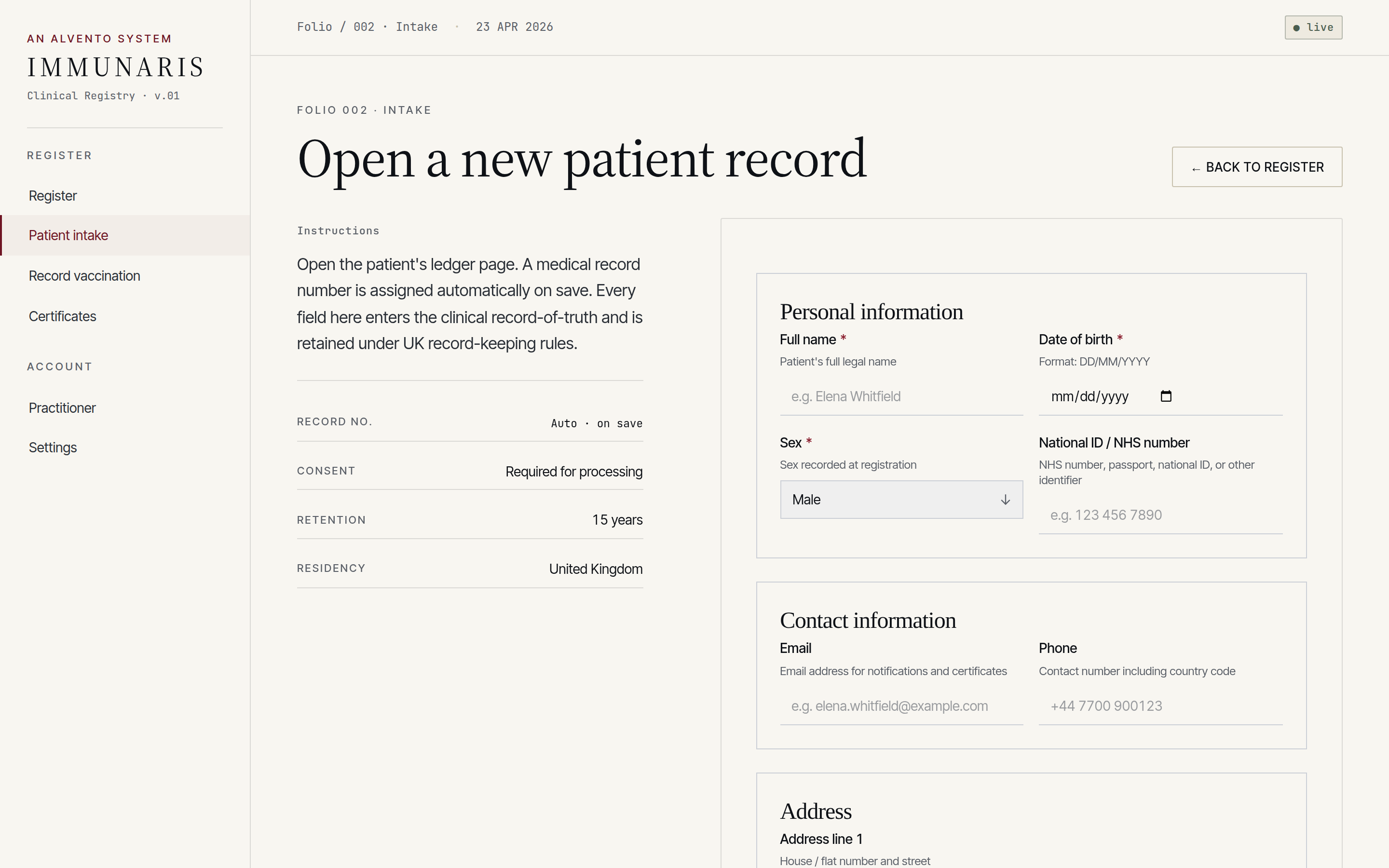 Immunaris patient intake form