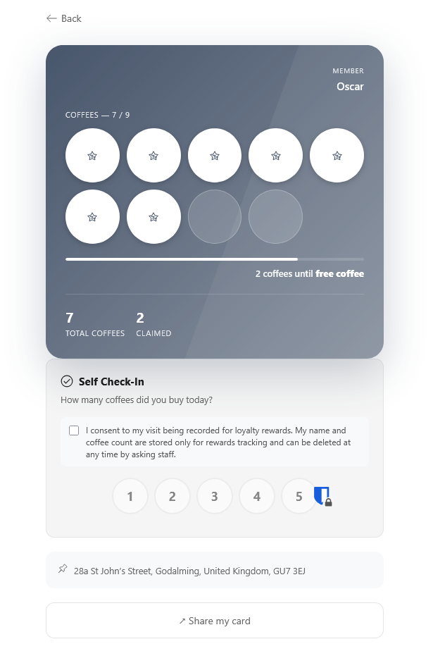 A real Staamp member card at Lizette's, showing coffee count and self check-in with consent