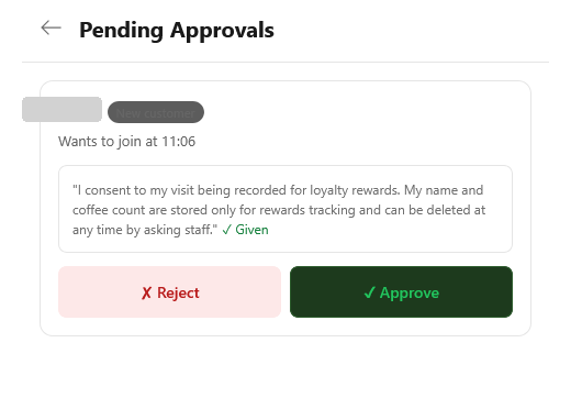 Staamp pending approval screen, a new customer's check-in awaiting staff approval, name redacted for privacy