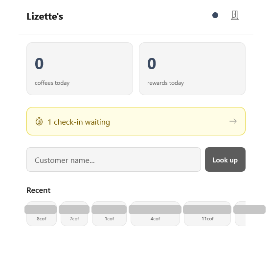 Staamp staff dashboard showing recent customers and coffee counts, names redacted for privacy