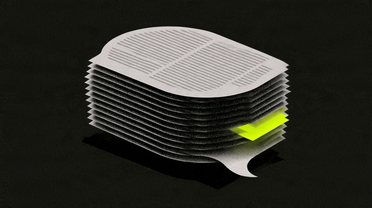 Illustration: a speech bubble built from stacked index cards, with one card near the front highlighted in lime green as the cited source