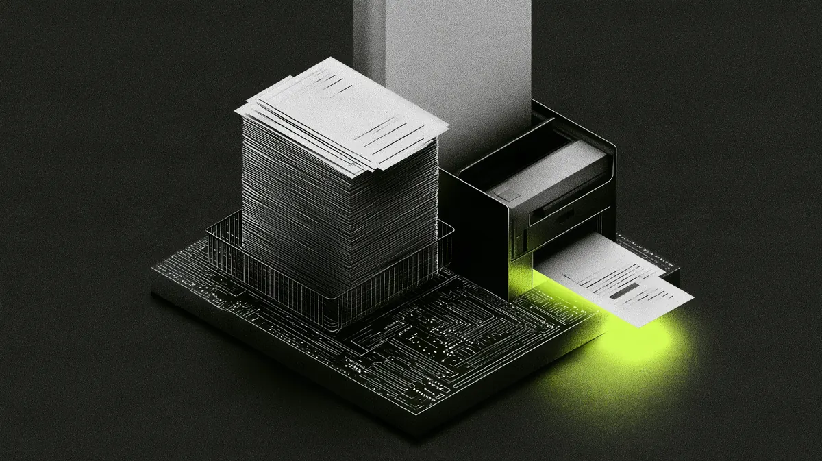 Illustration: a stack of paper forms in an inbox tray feeding a small machine on a circuit board, with one finished sheet coming out lit in lime green