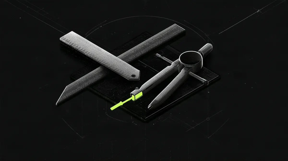 Illustration: drafting instruments, a ruler, set square and compass, laid on a circuit board, with one tip lit in lime green