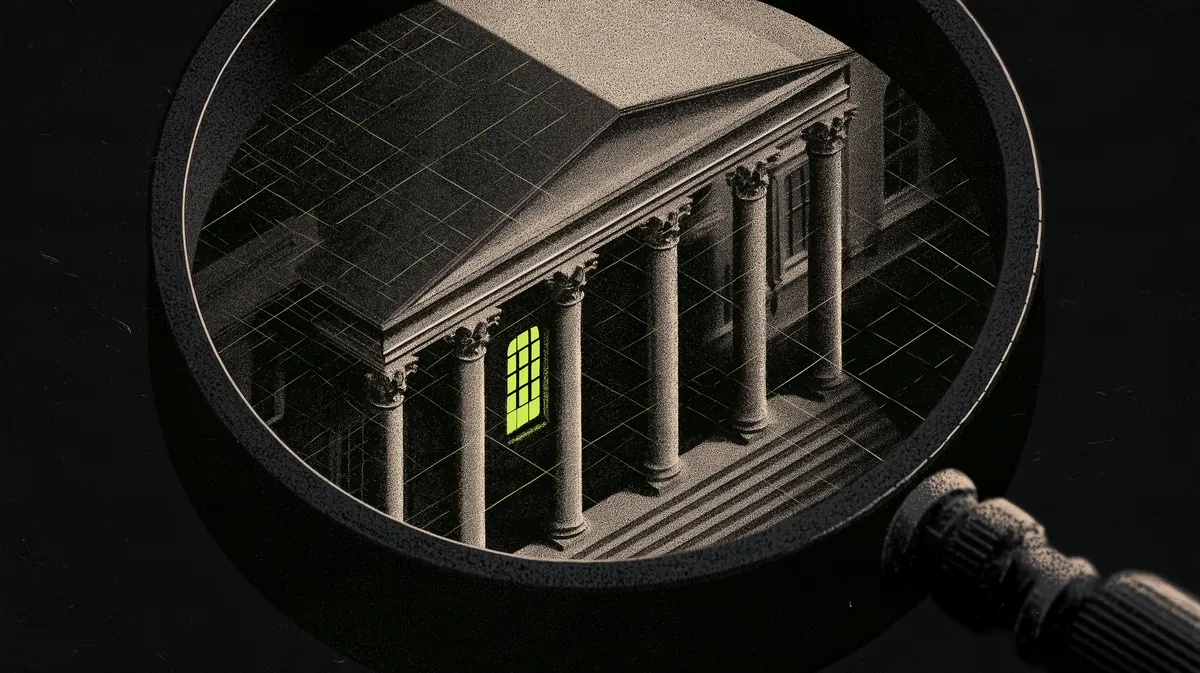 Illustration: the columned front of an institutional building seen through a magnifying loupe with a measurement grid, one window lit in lime green